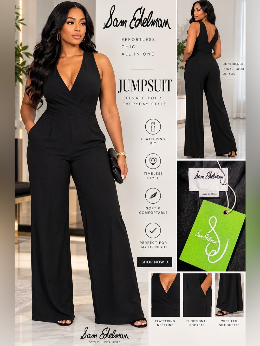 Sam Edelman Black V-Neck Wide-Leg Jumpsuit with Pockets, has some fuzz- AS IS